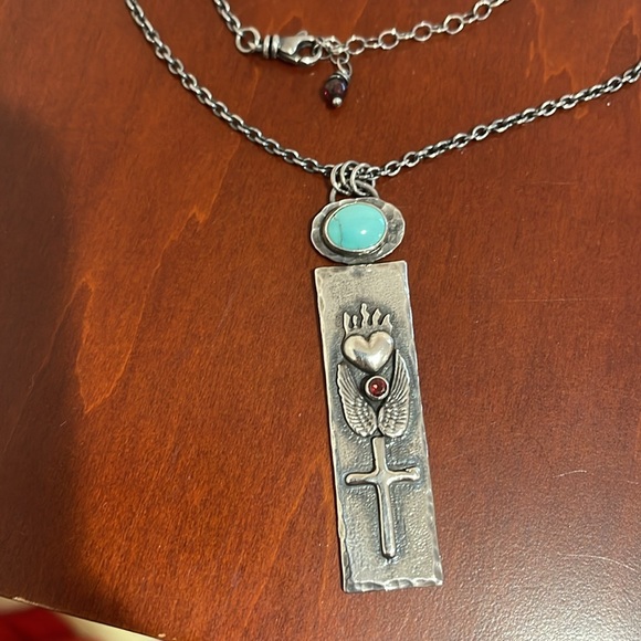 Jewelry - *Price Firm* Sterling/Turquoise/Garnet Flaming Heart/Wings/Cross Necklace - NWOT